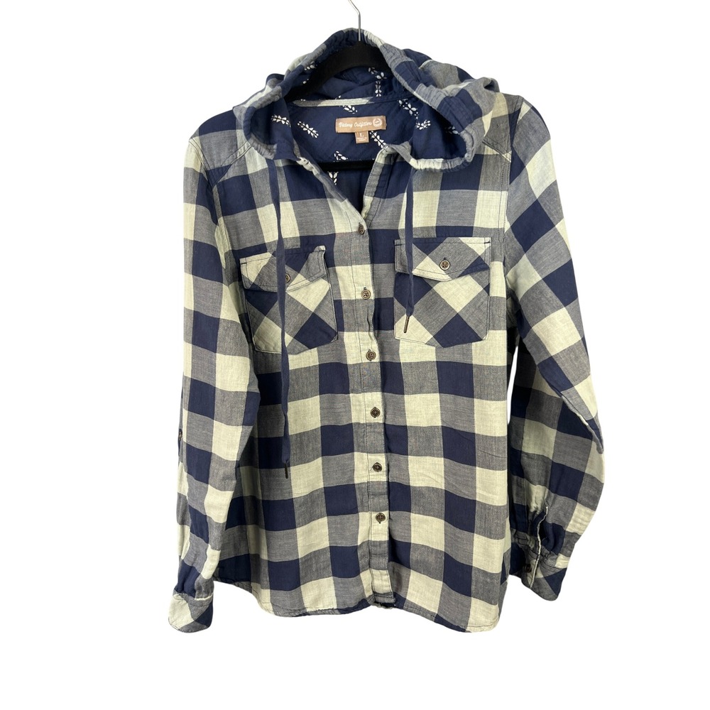 Victory Outfitters Cotton Blue Checkered Hoodie Button Front Shacket SZL Roll